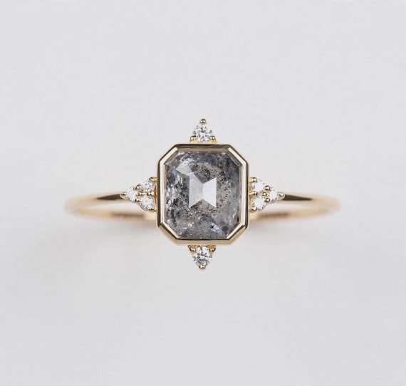 14K Gold Natural Salt and Pepper Diamond Ring, Natural Diamond Engagement Ring, Emerald Cut Grey Diamond Ring, 14K Gold Unique Wedding Ring