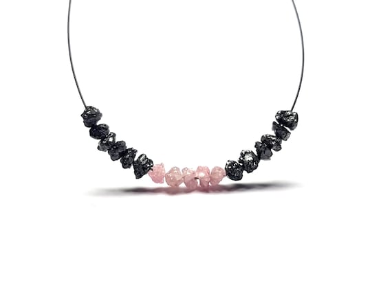 Black and Pink Beaded Necklace, Minimalist Natural Stone Necklace, Raw Uncut  Handmade Statement Jewelry