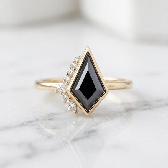 Kite Black Diamond Engagement Ring, 14K Gold Gothic Bridal Ring