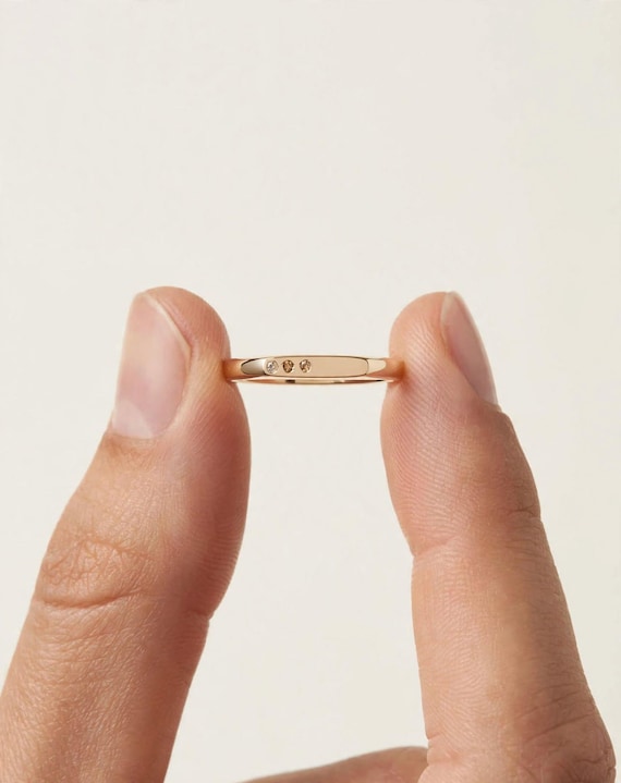 Natural Diamond Three Stone Gold Ring, Delicate Diamond Band, Minimalist Stacking Ring, Dainty Wedding Band, Anniversary Gift