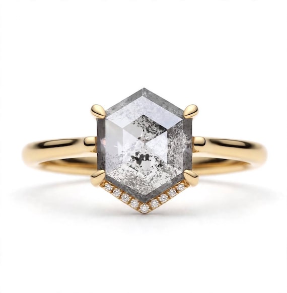 Hexagon Salt and Pepper Diamond Ring, Natural Diamond Engagement Ring, 14K Gold Ring, Unique Hexagon Wedding Ring, Rustic Diamond