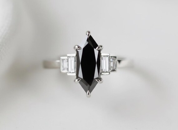 Natural Black Marquise Diamond Engagement Ring, White Gold Baguette Accents, Gothic Bridal Jewelry