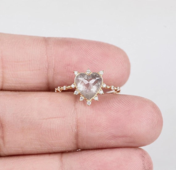Natural Salt and Pepper Heart Diamond Ring, 14K Gold Starburst Heart Ring, Grey Heart Diamond Engagement Ring,  Anniversary Gift For Her