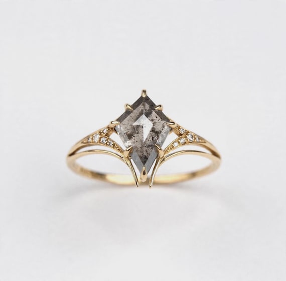 14K Gold Natural Salt and Pepper Diamond Ring, Kite Cut Rustic Diamond Engagement Ring, 14K Gold Nature Inspired Ring, Unique Bridal Jewelry