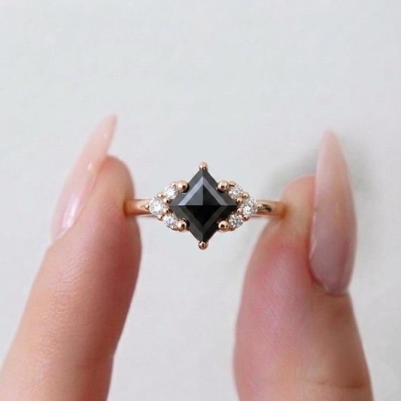 Black Diamond Engagement Ring Geometric Kite Cut Gold Ring Natural Black Diamond Gem