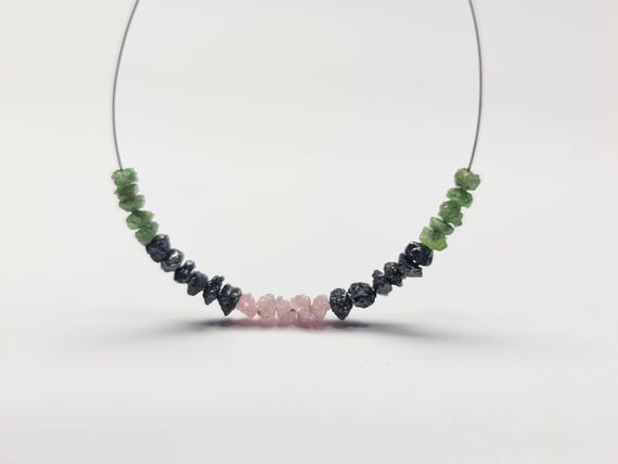 Green Black Pink Beaded Necklace, Natural Rough Stone Necklace, Boho Minimalist Jewelry