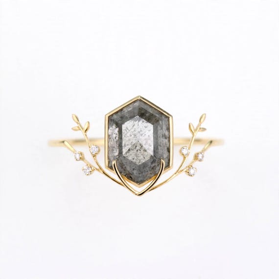 14K Gold Natural Salt and Pepper Diamond Ring, Hexagon Diamond Engagement Ring, Gold Botanical Ring, Nature Inspired Jewelry