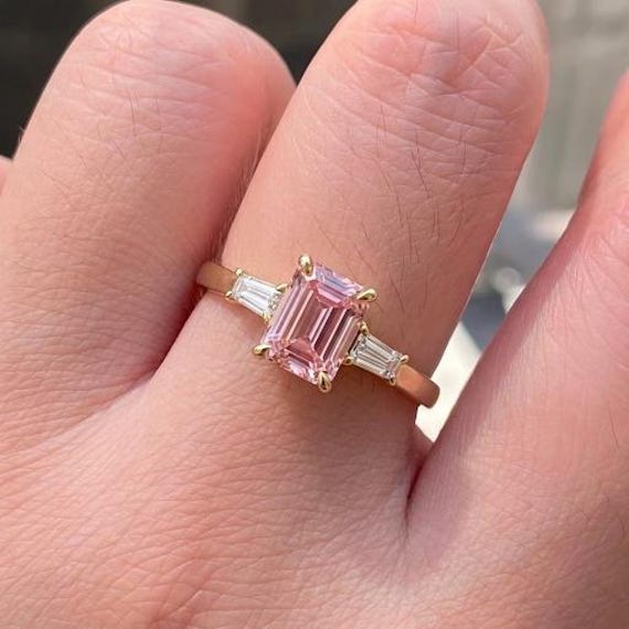 Lab Grown Emerald Cut Pink Diamond Ring, 14K Gold Tapered Baguette Bridal Jewelry