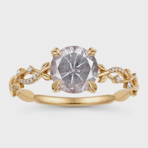 14K Gold Natural Salt and Pepper Diamond Engagement Ring, Gold Leaf Vine Ring, Rustic Round Diamond Ring, Wedding Jewelry
