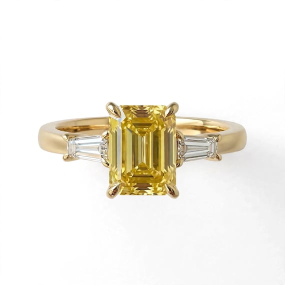 10K 14K 18K Gold Yellow Lab Grown Diamond Engagement Ring, Emerald Cut Three Stone Ring, Baguette Diamond 14K Gold Ring
