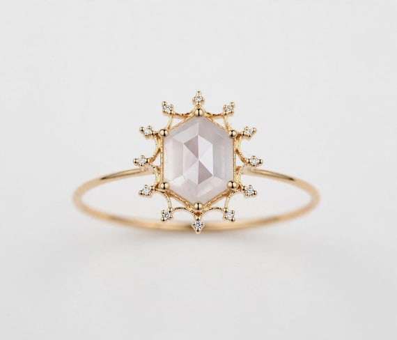 14K Gold Natural MilkyWhite Hexagon Diamond Engagement Ring, Unique Geometric Diamond Ring, Nature Inspired Wedding Jewelry