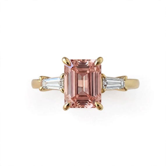 10K 14K 18K Gold Lab Grown Diamond Ring Pink Emerald Cut Gemstone Ring with Baguette Side Stones, Statement Engagement Ring.
