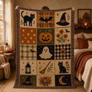 May include: A woven throw blanket featuring a grid of Halloween-themed illustrations including black cats, a jack-o'-lantern, a ghost, a witch hat, a broom, a lantern, flowers, stars, and a crescent moon in orange, black, green, and cream colors.
