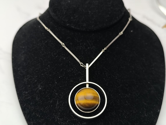 Niels Erik From Tiger's Eye Pendant Necklace, Sterling Silver Scandinavian Modernist Jewelry