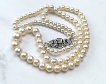 Collier vintage de perles Akoya, perles d'eau de mer de taille dégressive, fermoir en argent 835, 3,5-7,7 mm