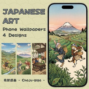以下が含まれることがあります： 日本の芸術の電話の壁紙、4つのデザイン。デザインには、伝統的な日本の環境での動物のイラストが含まれています。電話には、山のある風景の中でバスケットを運ぶウサギと猫が表示されています。