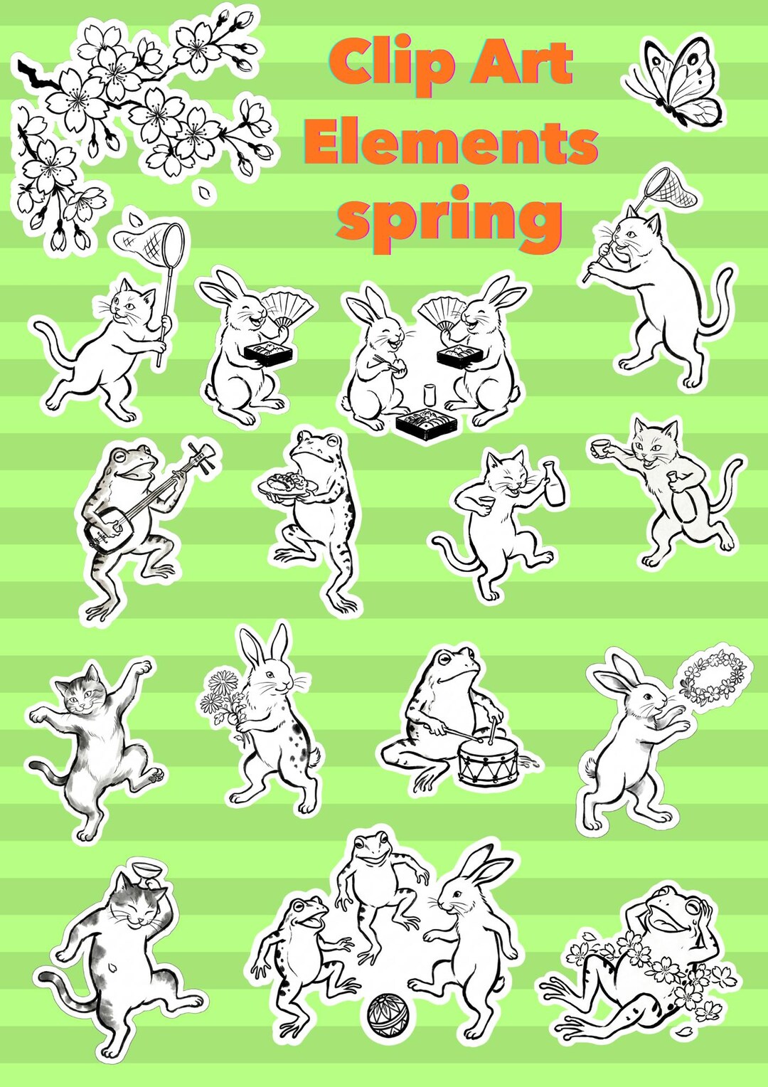 Japanese Spring Cherry Blossom Clip Art Sumi E Frog Cat Rabbit ...