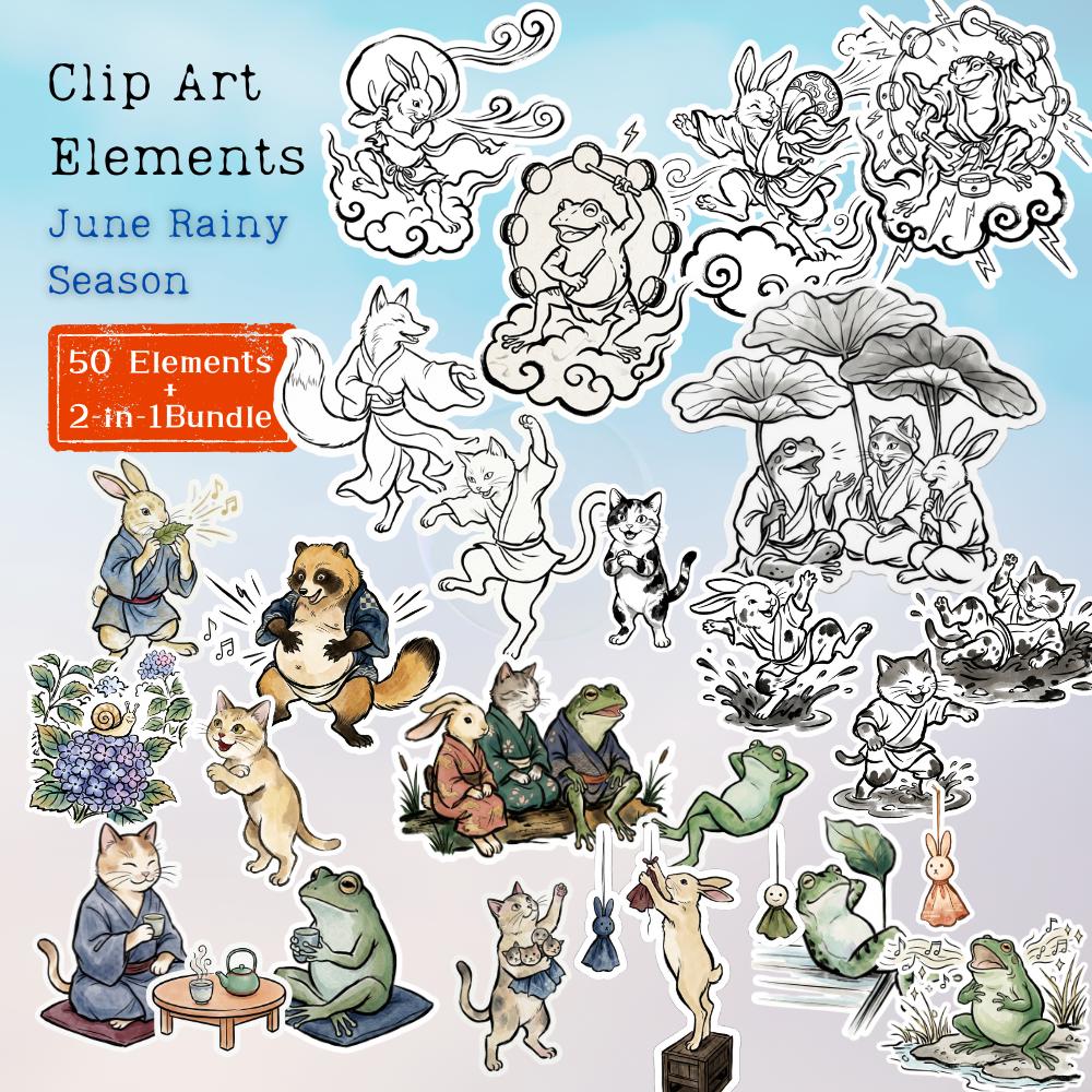 50 Japanese Rainy Season Clipart Bundle, Color and Monochrome, Frog ...