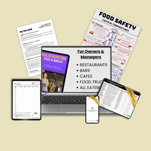 Pode incluir: Um laptop, um tablet e um smartphone exibem documentos relacionados à segurança alimentar e inspeções de saúde. A tela do laptop mostra uma capa do "Health Inspection Peace of Mind Kit".