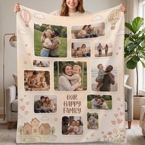 Custom Family Photo Blanket, Personalized Photo Collage Throw, Memory Flannel Blanket with Name & Date, Gift for Family