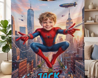 Coperta personalizzata con la faccia di Spider-Man, coperta in flanella personalizzata con foto per bambini, regalo di supereroe personalizzato con nome per ragazzi, regalo di compleanno per bambini piccoli