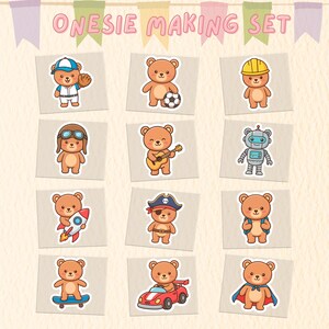 May include: A set of twelve stickers featuring cartoon teddy bears in various costumes and activities, including a baseball player, soccer player, construction worker, pilot, musician, robot, astronaut, pirate, hiker, skater, race car driver, and superhero.