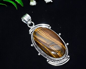 Colgante de ojo de tigre hecho a mano en plata de ley, joyería de piedras preciosas naturales