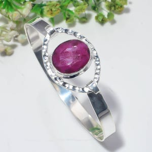 Natural Ruby Cuff Bangles 925 Sterling Silver, Oval Pink Ruby Statement Bracelet, Open Adjustable Gemstone Bangle