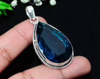 London Blue Topaz 925 Sterling Silver Pendant, London Blue Topaz Gemstone Crystal Handmade Jewelry For Mother