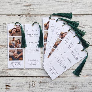 Photo Save the Date Bookmark with Emerald Tassel, Custom Wedding Bookmark with Calendar, Rustic Wedding Favor, Photo Booth Save the Date