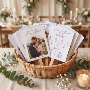 May include: A collection of white wedding program fans with wooden handles arranged in a woven basket. Each fan features a photo of a couple, the text "Welcome to the wedding of Jessica & David 05/09/2026," and a timeline of events.