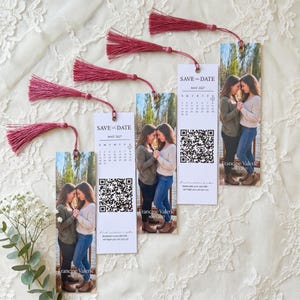 Printed Save the Date Bookmark with QR Code, Tassel Calendar Wedding Favor, Custom Photo Engagement Keepsake, Wedding Party Gift in Bulk
