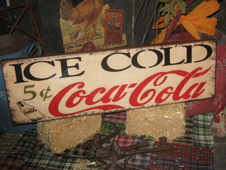 Primitive Wood Coke Advertising Sign Ice Cold Coca Cola 5 cents sign Country Farm Folkart Housewares image 1