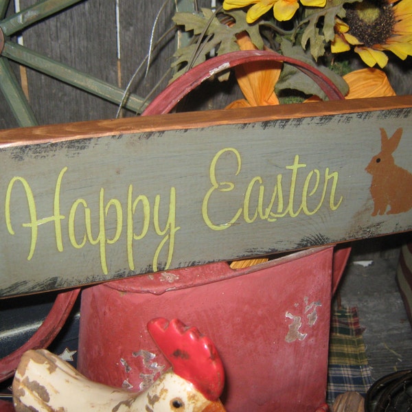 Primitive Wood Sign Easter Holiday  Bunny Rabbit " Happy Easter " Handpainted Country Folkart Housewares Wall Decor