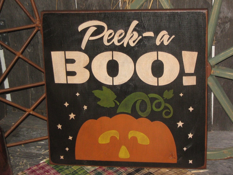 Primitive Lg Wood Holiday Halloween Sign Peek A BOO Pumpkin Witch Fall Spooky Country Folkart Housewares image 3