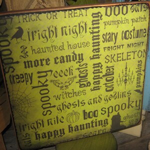 Primitive Subway Wood Sign SPOOKY HALLOWEEN Foolish Mortals Ghost Pumpkin Bat Witches Wall Art Country Housewares Rustic Decoupage Pant image 2