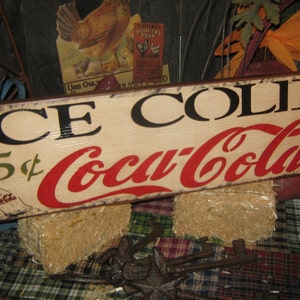 Primitive Wood Coke Advertising Sign Ice Cold Coca Cola 5 cents sign Country Farm Folkart Housewares image 4