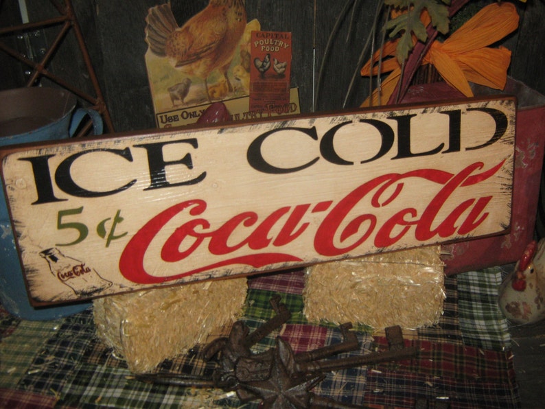 Primitive Wood Coke Advertising Sign Ice Cold Coca Cola 5 cents sign Country Farm Folkart Housewares image 4