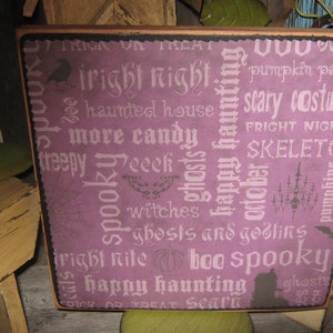 Primitive Subway Wood Sign SPOOKY HALLOWEEN Foolish Mortals Ghost Pumpkin Bat Witches Wall Art Country Housewares Rustic Decoupage Pant image 4