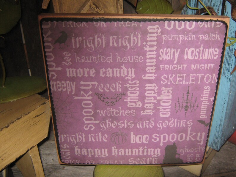 Primitive Subway Wood Sign SPOOKY HALLOWEEN Foolish Mortals Ghost Pumpkin Bat Witches Wall Art Country Housewares Rustic Decoupage Pant image 4