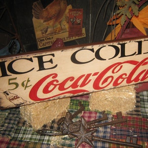 Primitive Wood Coke Advertising Sign Ice Cold Coca Cola 5 cents sign Country Farm Folkart Housewares image 2