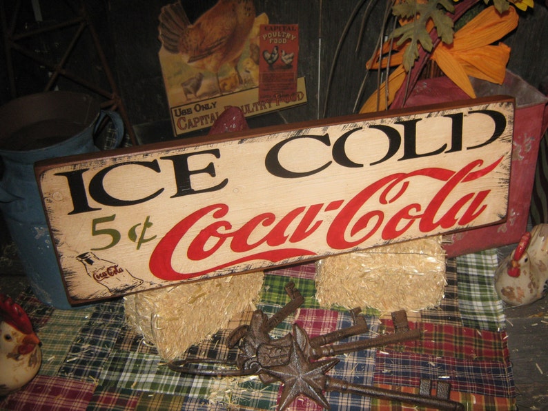 Primitive Wood Coke Advertising Sign Ice Cold Coca Cola 5 cents sign Country Farm Folkart Housewares image 2