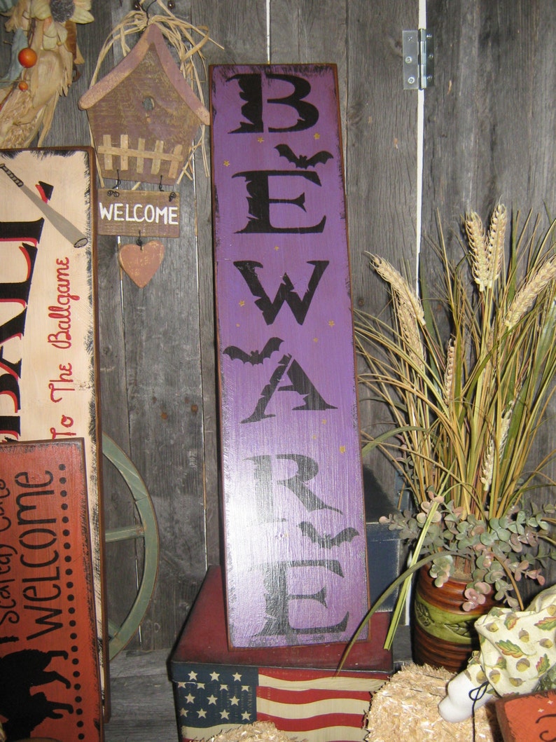 Primitive Large Holiday Wooden Painted Halloween Subway Sign BEWARE Crows Mummy Pumpkins Bats Country Housewares Folkart image 2