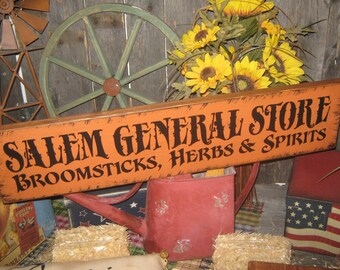 Primitive Lg Holiday Wood Hand Paint Halloween Salem Witch  -  " Salem General Store - Broomsticks Herbs Spirits  "  Country  Rustic Folkart