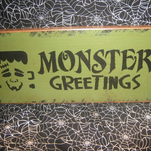 Primitive Holiday Wooden Hand Painted Halloween Salem Witch Sign Frankenstein Monster Greetings Bats Country Rustic Folkart imagem 1