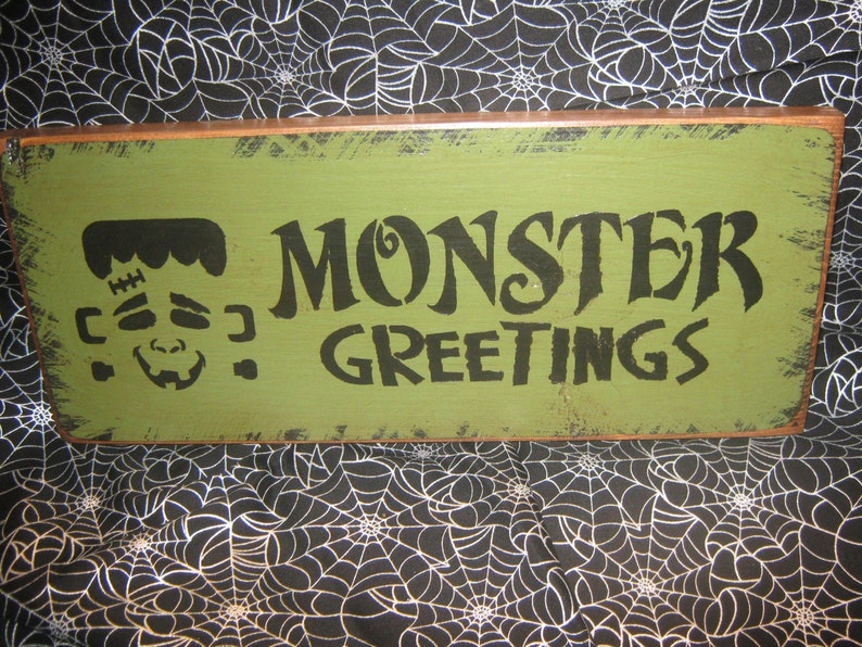 Primitive Holiday Wooden Hand Painted Halloween Salem Witch Sign Frankenstein Monster Greetings Bats Country Rustic Folkart image 1