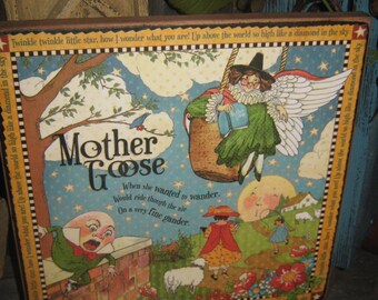 Primitive Vintage Subway Wood Sign " MOTHER GOOSE Nursery Rhymes "  Baby Gift Storybook Riddles Wall Art  Country Folkart Housewares Rustic