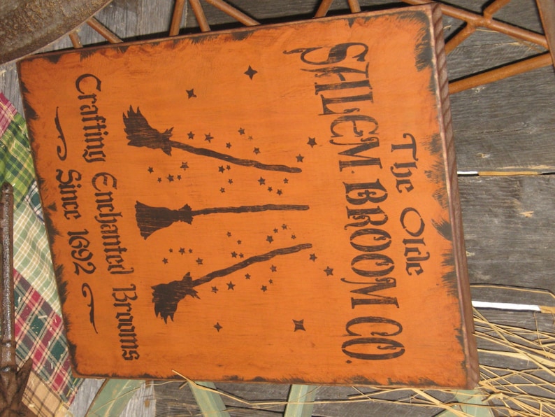 Primitive Lg Holiday Wooden Hand Painted Halloween Salem WItch Sign The Olde Salem Broom Co Country Rustic Folkart image 5