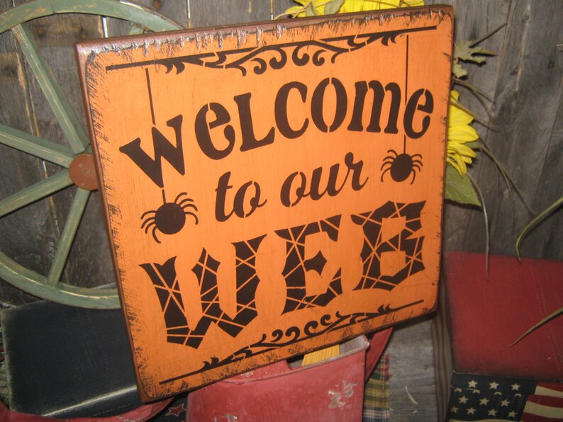 Primitive Lg Holiday Wooden Hand Paint Halloween Salem Witch Web Sign Welcome to our Web Spider Spiderweb Country Rustic Folkart image 2