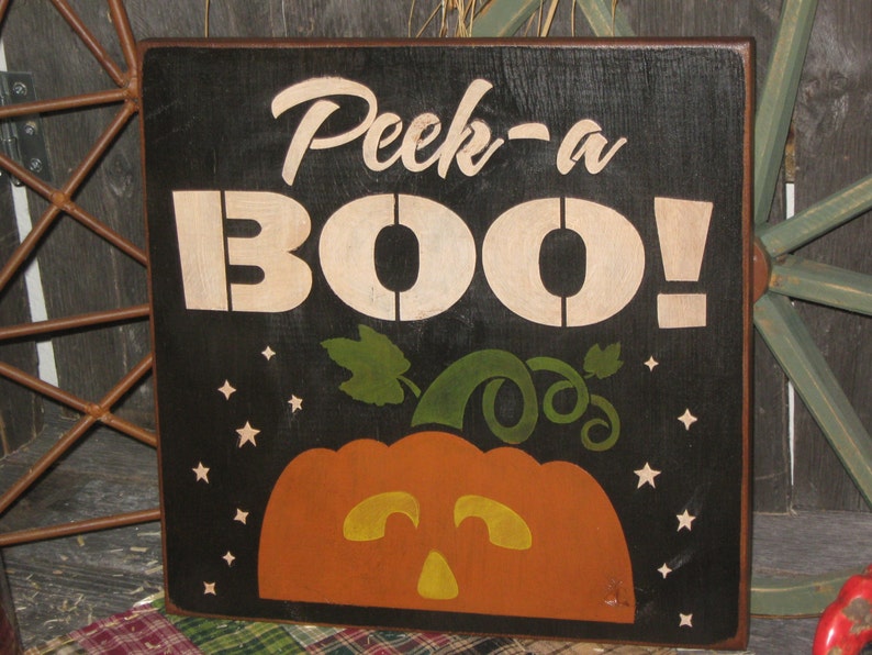 Primitive Lg Wood Holiday Halloween Sign Peek A BOO Pumpkin Witch Fall Spooky Country Folkart Housewares image 1